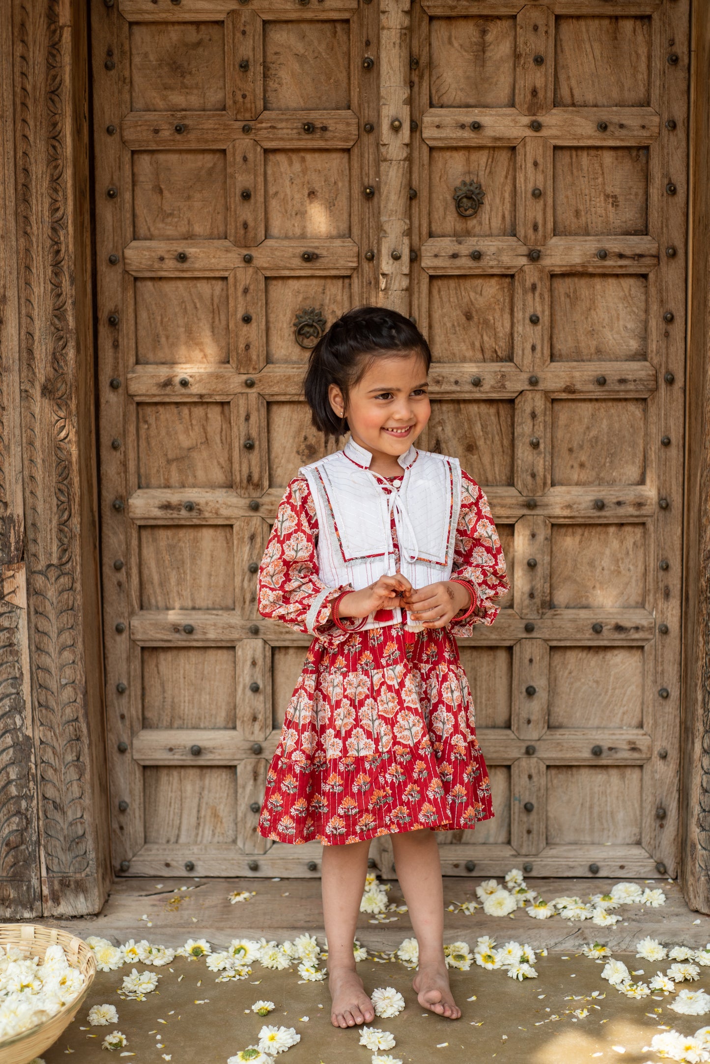 Red Printed Tiered Dress with Jacket