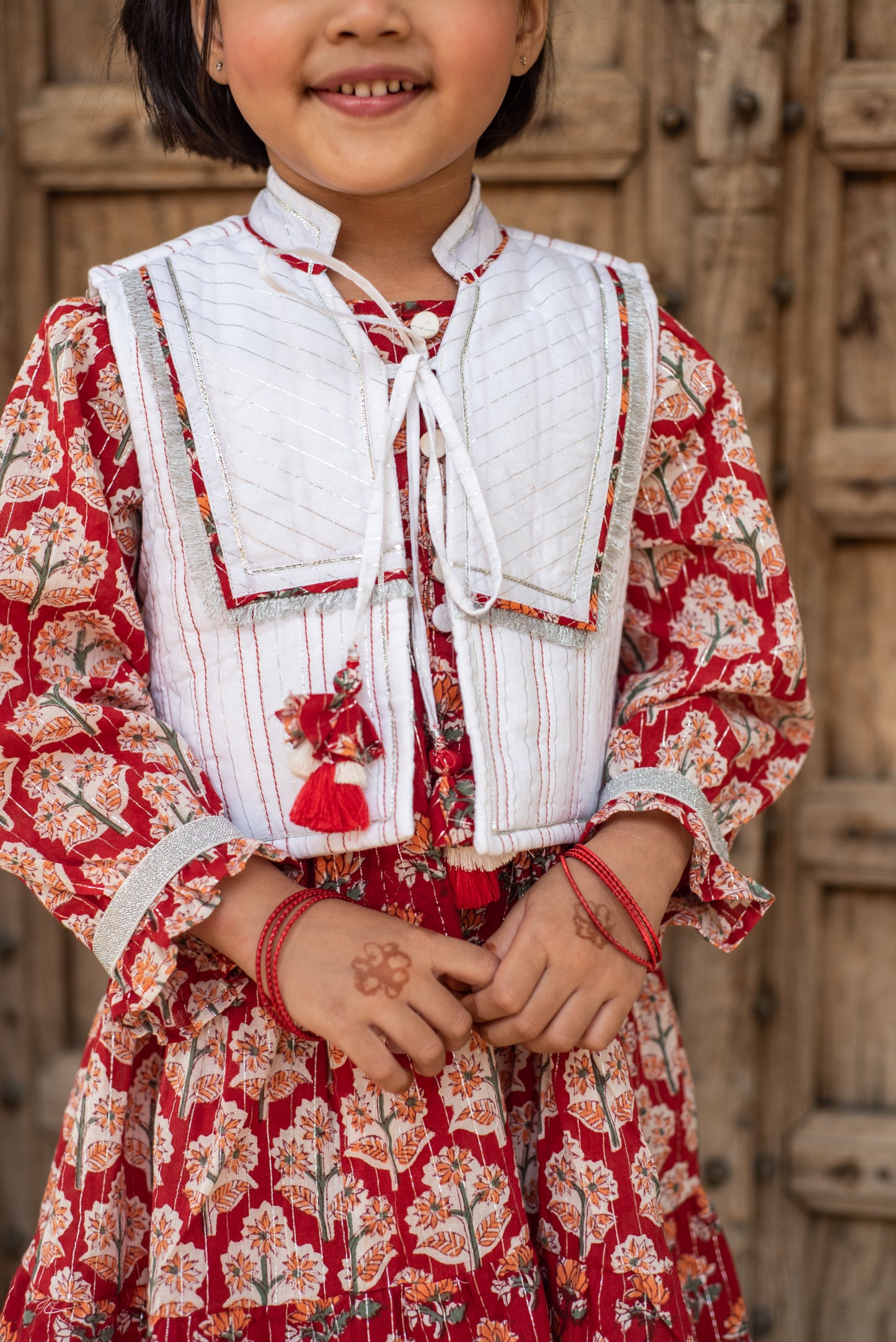 Red Printed Tiered Dress with Jacket
