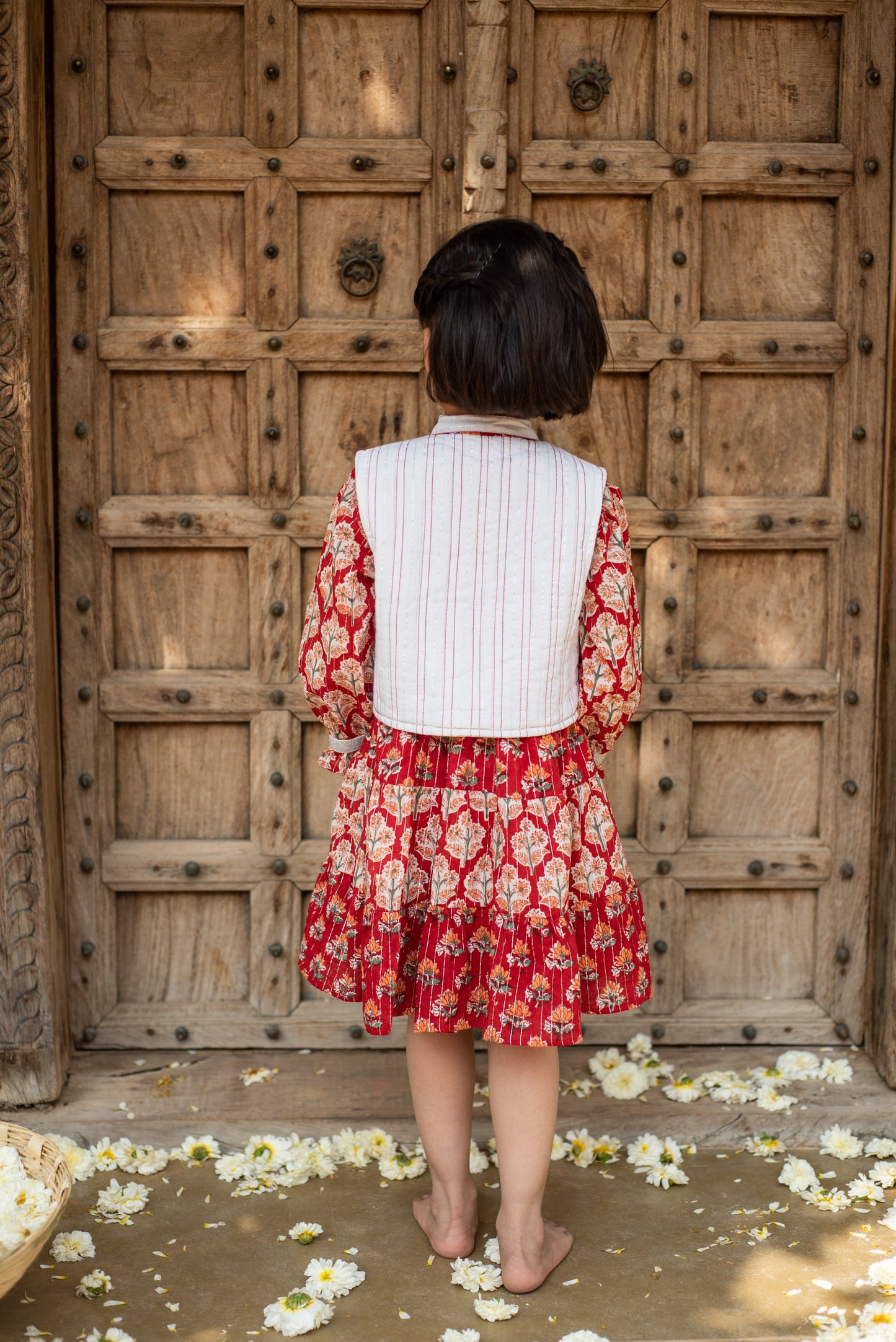 Red Printed Tiered Dress with Jacket