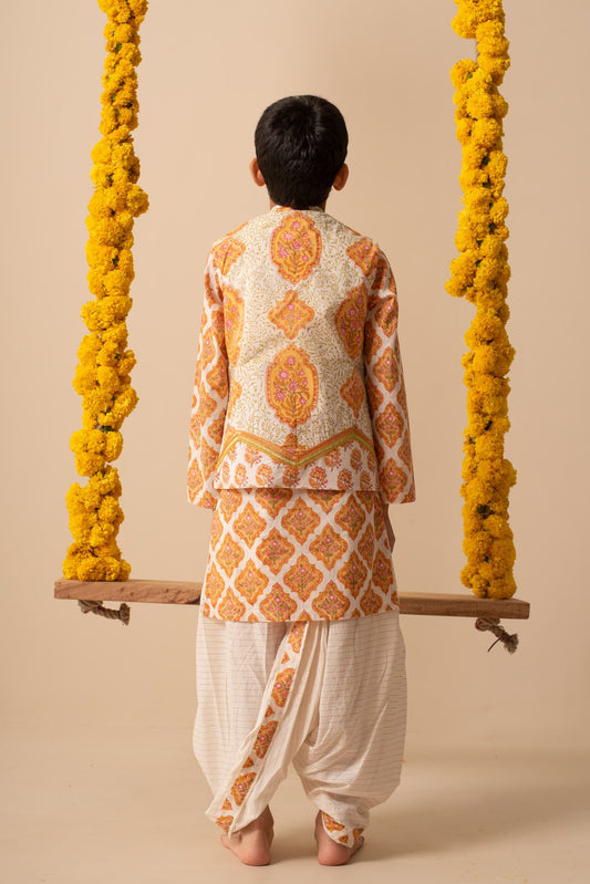 Kids festive cotton bandi jacket set orange