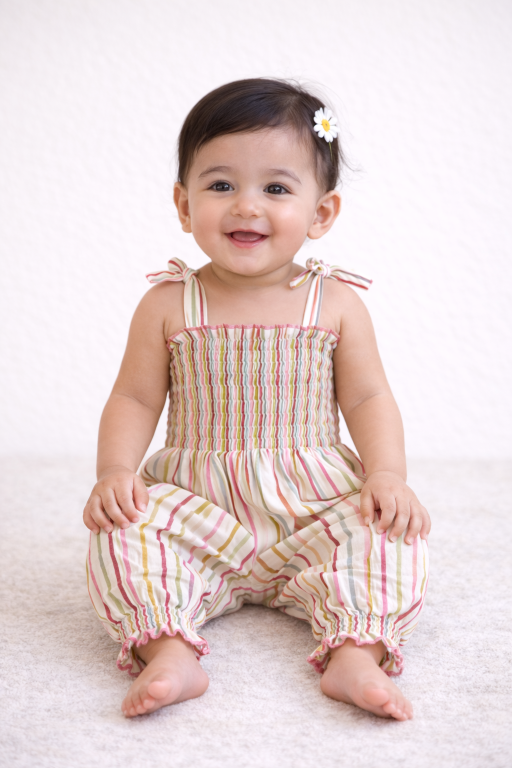 Baby wearing a striped outfit with a white background