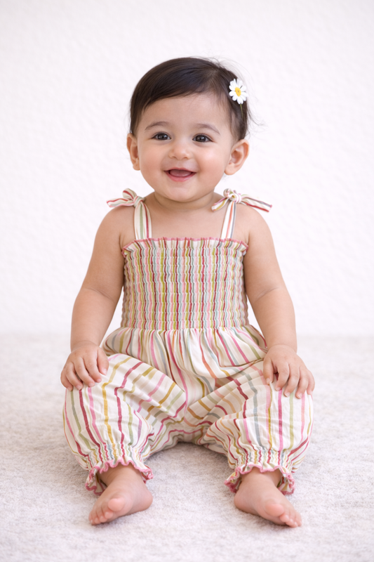 Baby wearing a striped outfit with a white background