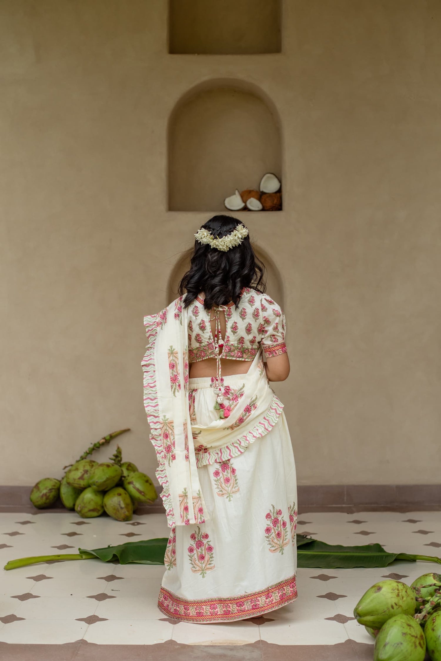 Manika Saree Set kids marigold print front view