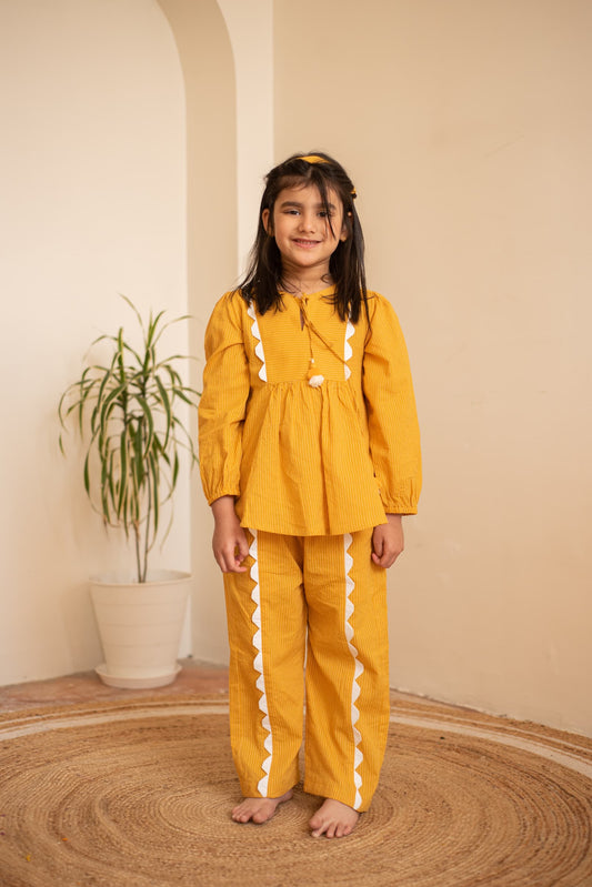 Mustard Scalloped Co-ord Set kids outfit front view