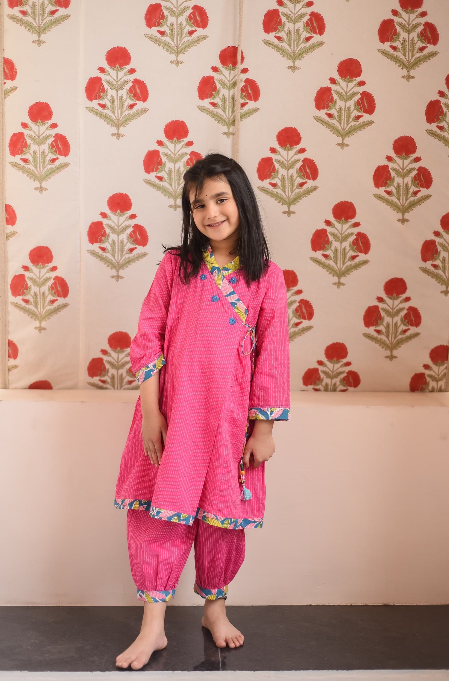 Pink Angrakha Kurta Set kids ethnic outfit front view