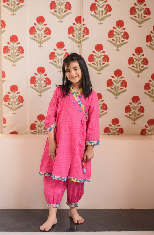 Pink Angrakha Kurta Set kids ethnic outfit front view