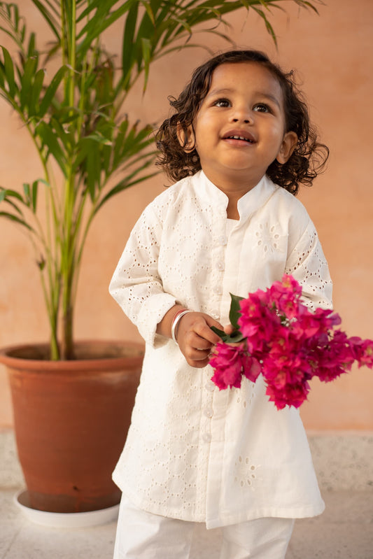 Schiffli Half-Half Kurta Set kids outfit front view