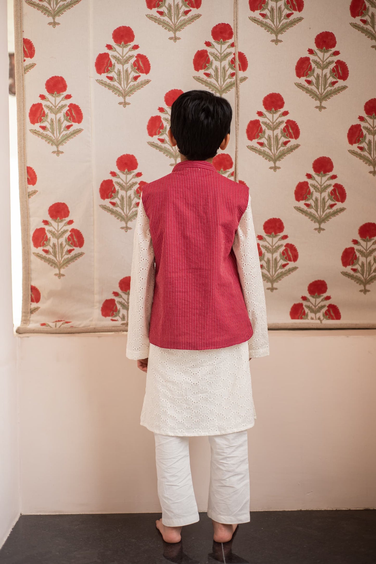 Schiffli Kurta and Kantha Jacket Set kids ethnic outfit front view