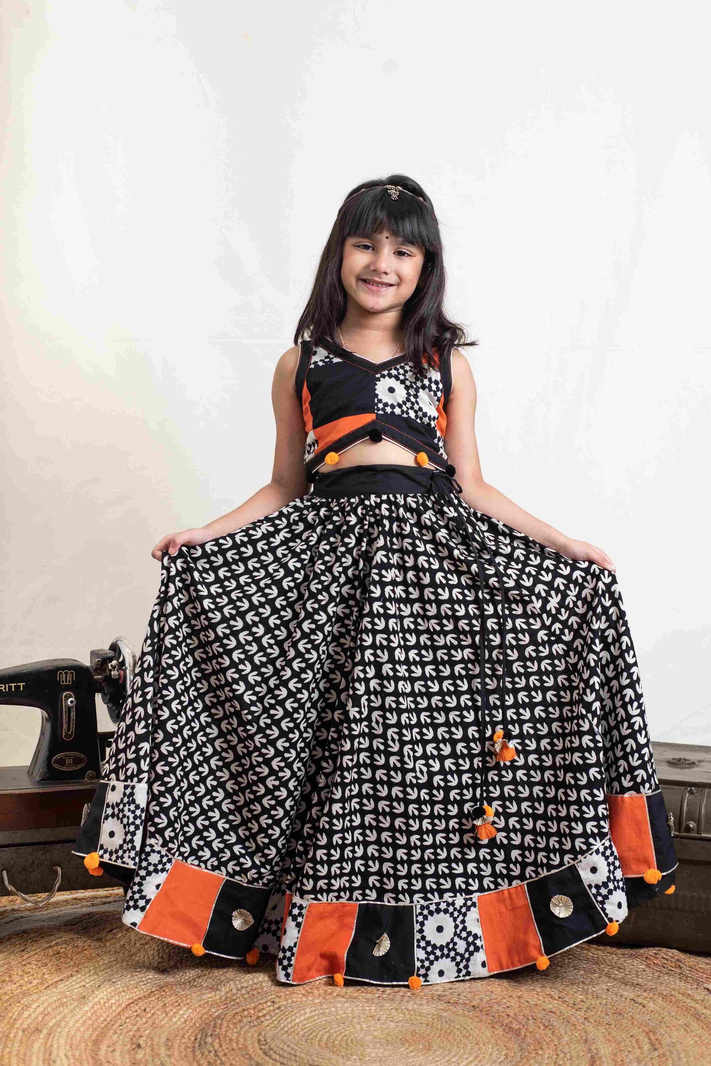 festive kids lehenga close-up floral pattern