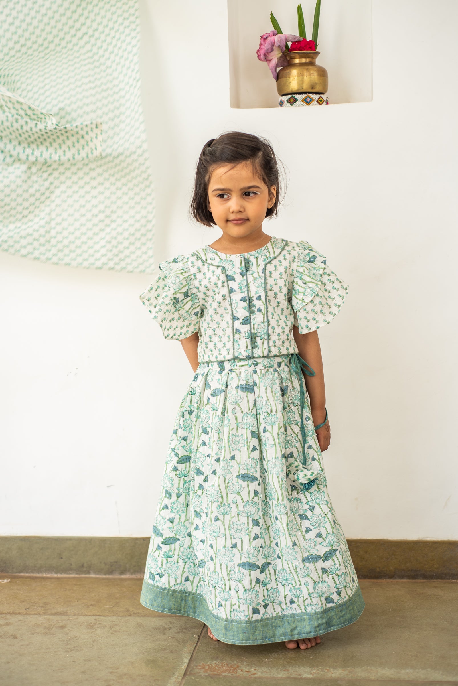 Girls Pink Lotus Print Lehenga Set with Wrap-Style Blouse.??