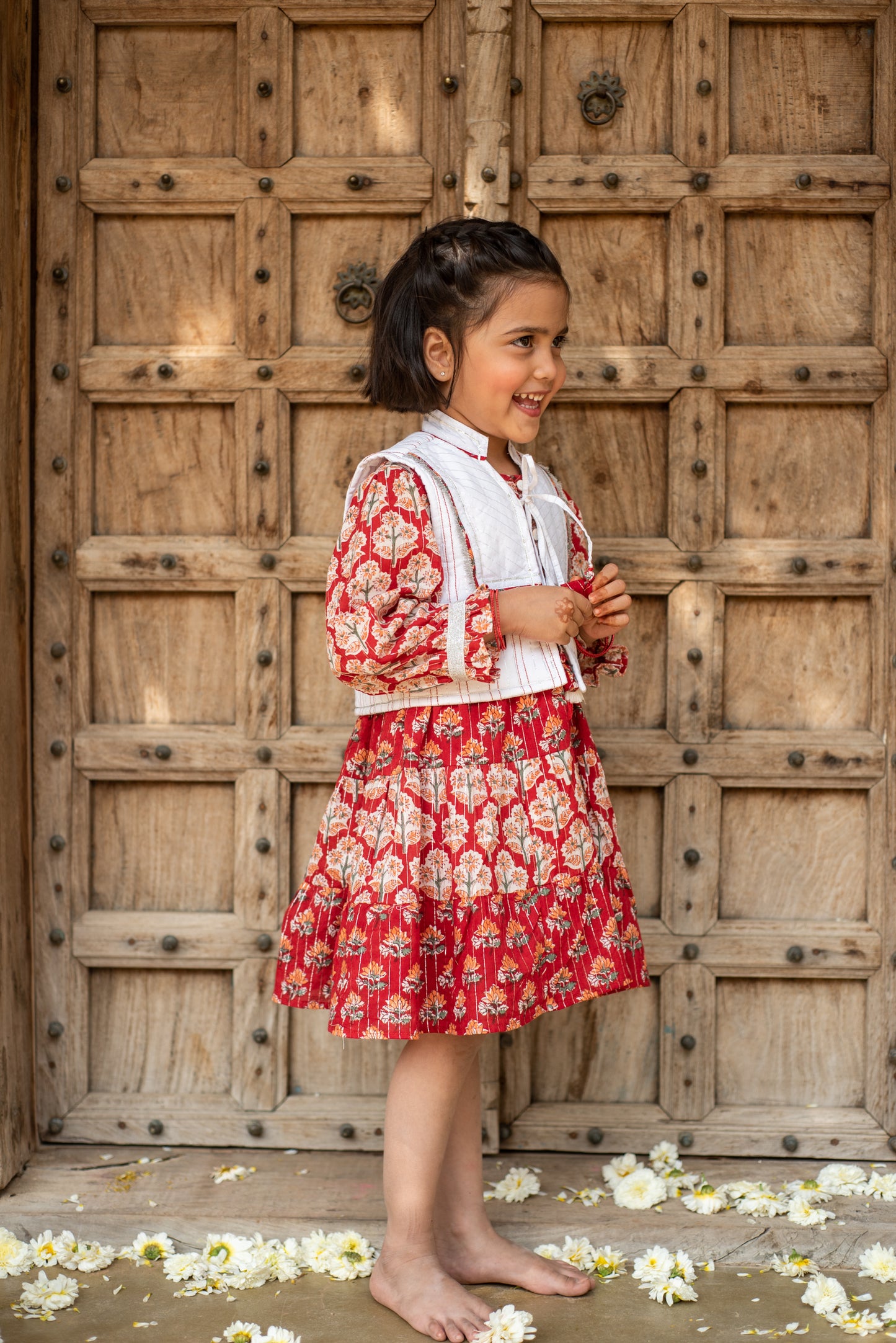 Red Printed Tiered Dress with Jacket